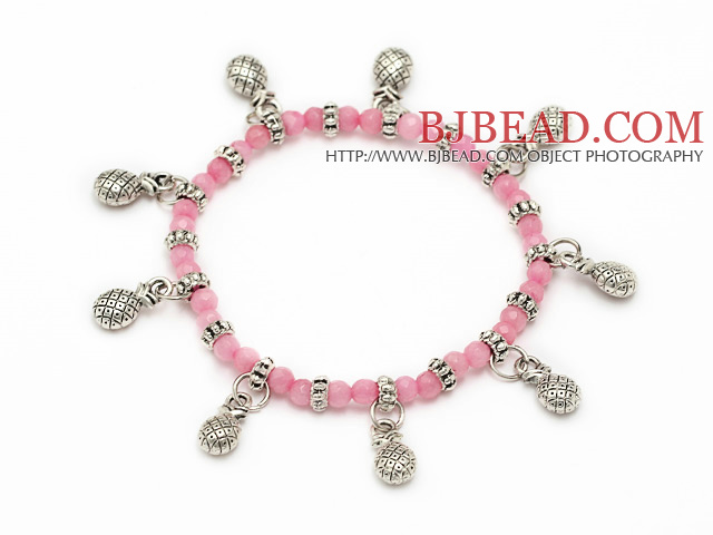 fashion elastic round pink jade and tibet silver lucky bag charm bracelet