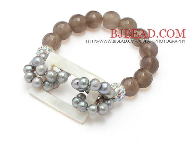fashion gray freshwater pearl white hollow shell and facted gray agate bracelet with colorful rhinestone ball