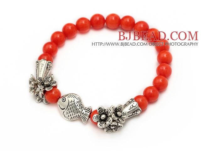 fashion 7mm orange red round coral and tibet silver fish horn flower charm beaded bracelet