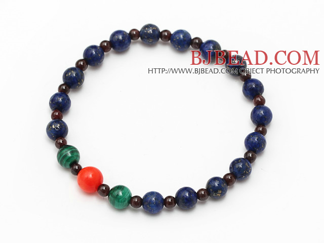 elegant mixed round lapis garnet peacock and coral stretchy beads bracelet