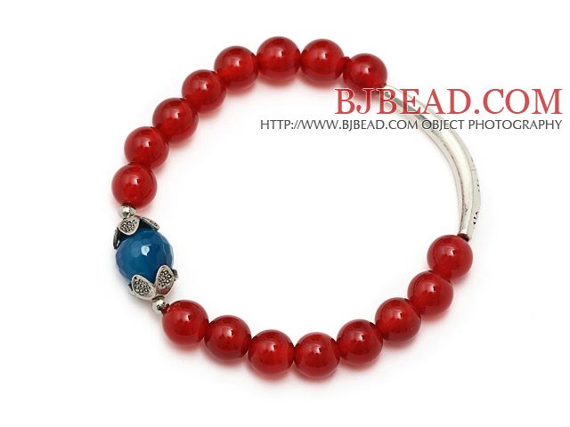 Classic A grade round red agate and faceted blue agate and tibet silver cap tube charm bracelet