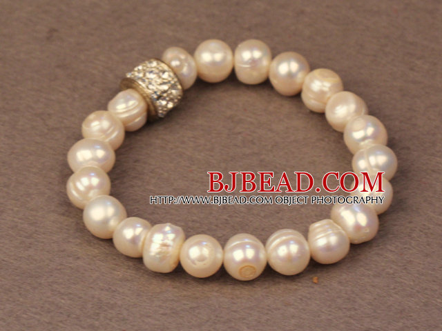 Simple Chic Style Natural White Freshwater Pearl Elastic Bracelet With Rhinestone Accessory