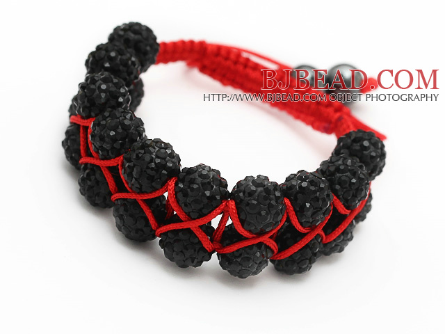 elegant layer style 10mm black rhinestone red woven adjustable drawstring bracelet