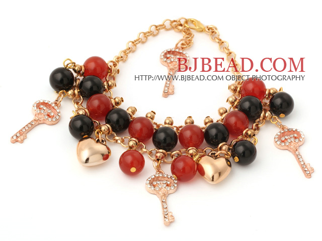 Classic A Grade Round Black Red Agate Golden Chain Bracelet With Golden Heart And Kay Accessories
