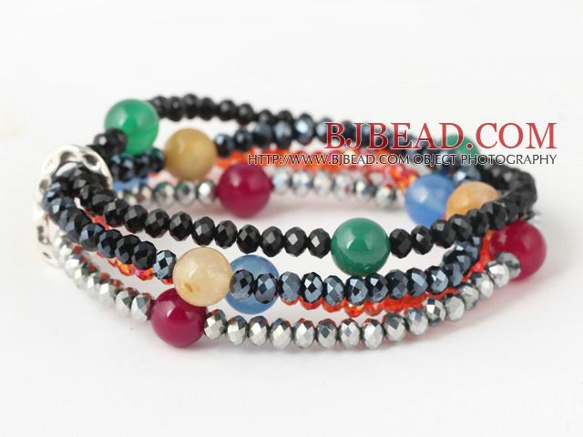 Fashion Multilayer Round Colorful Agate And Manmade Crystal Beads Stretch Bracelet