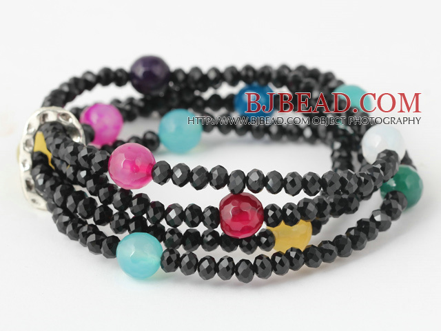 Fashion Multilayer Round Colorful Jade And Manmade Black Crystal Beaded Stretch Bracelet