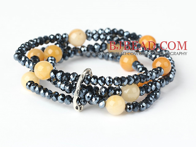 Fashion Multilayer Round Faceted Topaz And Manmade Black Crystal Beaded Stretch Bracelet