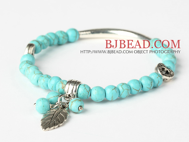 Fashion Green Turquoise And Tibet Silver Tube Heart Leaf Charm Beads Bracelet