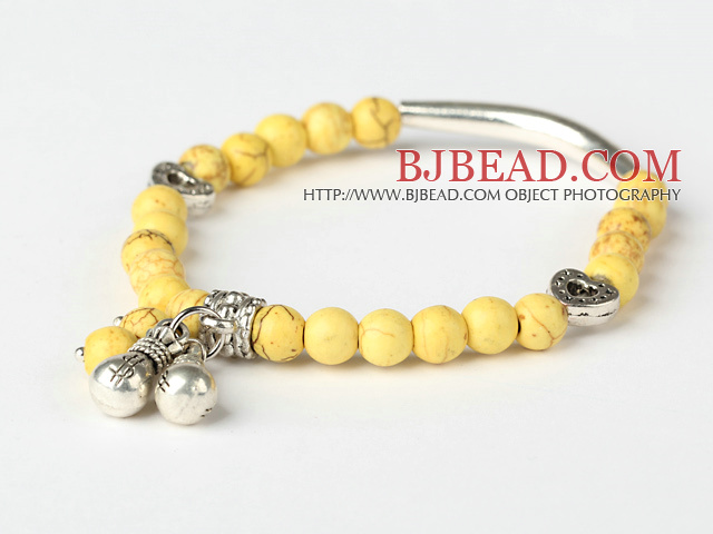 Nice Round Yellow Turquoise And Tibet Silver Tube Heart Charm Beads Bracelet
