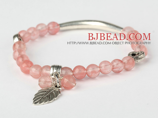 Fashion Round Cherry Quartz and Tibet Silver Tube Heart Leaf Charm Beaded Bracelet