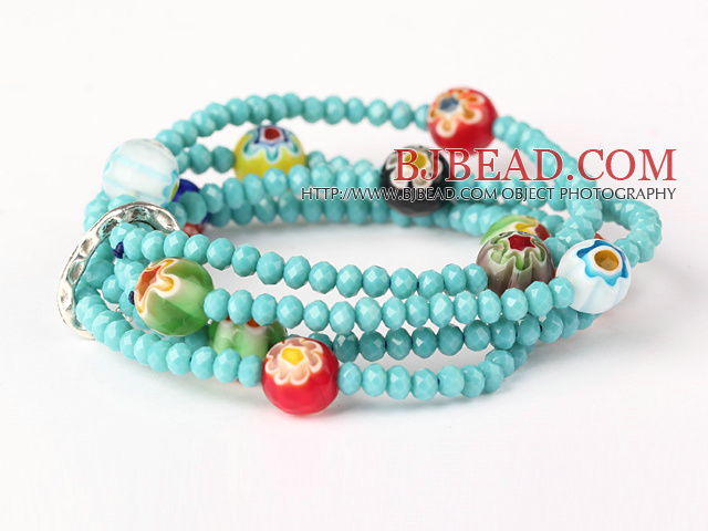 Fashion Multilayer Faceted Green Jade Crystal And Carved Colored Glaze Stretch Bracelet
