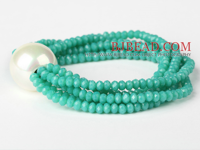 Fashion Multilayer Faceted Green Jade Crystal And Round White Seashell Beads Stretch Bracelet