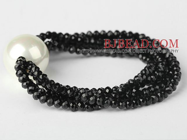Nice Multilayer Faceted Black Jade Crystal And Round White Seashell Beaded Stretch Bracelet