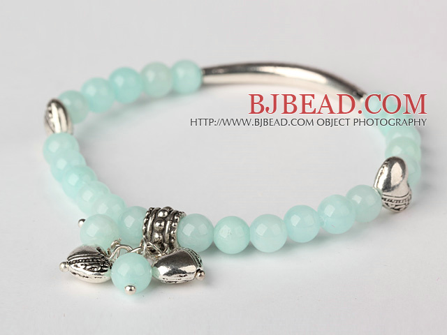 Nice Round Light Green Jade and Tibet Silver Tube Heart Charm Beaded Bracelet