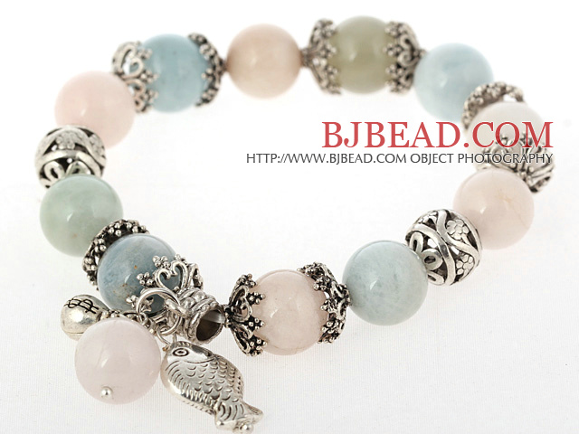 Beautiful Multi Color Round Morganite Stone Beaded Bracelet With Tibet Silver Fish Lucky Bag Accessories