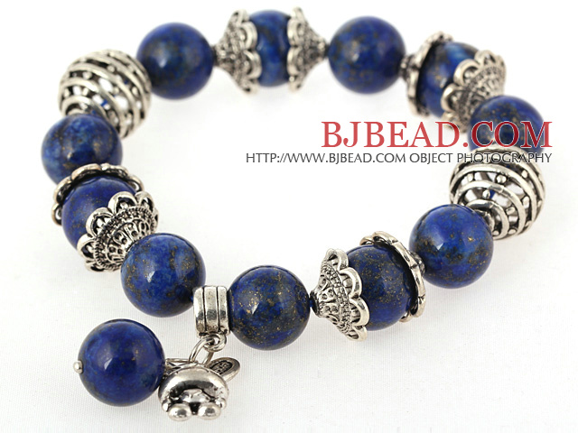 Nice Round Lapis Beaded Bangle Bracelet With Tibet Silver Cap Charm Accessories