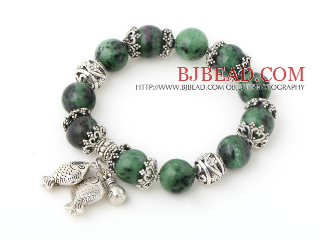 Nice Round Red-Green Zoisite Beaded Bracelet With Tibet Silver Fish Ball Cap Charm Accessories