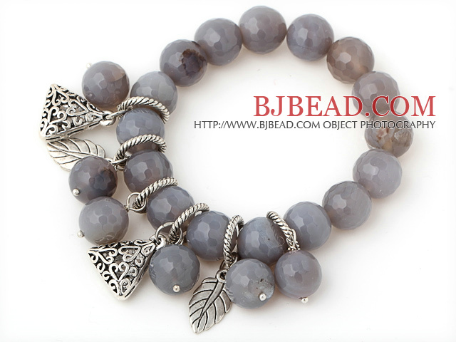 Fashion 12mm Faceted Round Gray Agate Beaded Bracelet With Tibet Silver Triangle Leaf Charm Accessories