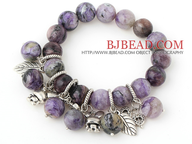 Pretty Round Charoite Beaded Bracelet With Tibet Silver Heart Rabbit Leaf Charm Accessories