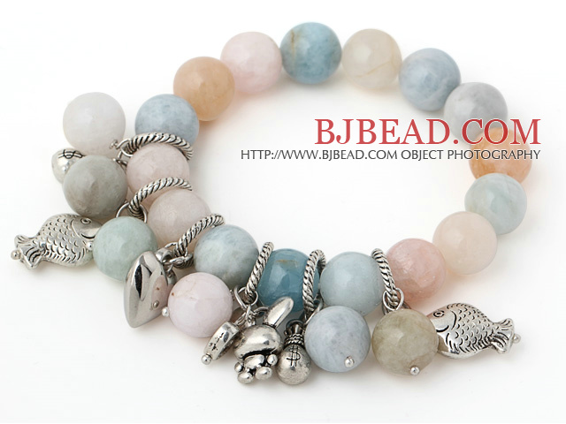 Fashion Round Multi Color Morganite Stone Beads Bracelet With Tibet Silver Fish Rabbit Lucky Bag Charm Accessories