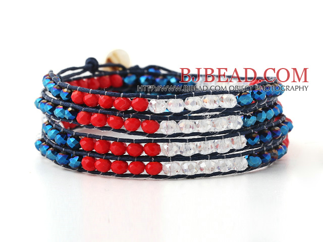 Fashion Multilayer Red Blue Jade-Like And White Crystal Hand-Knotted Blue Leather Wrap Bracelet