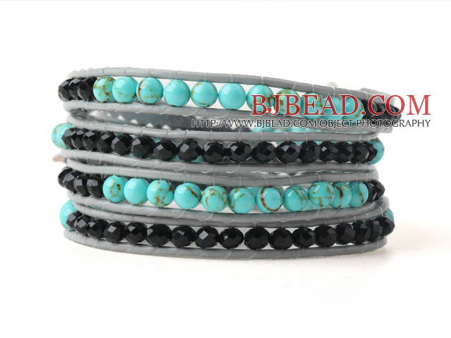 Nice Multilayer Green Jade-Like And Black Crystal Hand-Knotted Gray Leather Wrap Bracelet