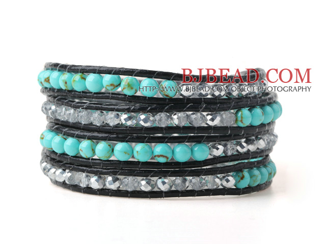 Nice Multilayer Green Jade-Like And Gray Crystal Hand-Knotted Black Leather Wrap Bracelet