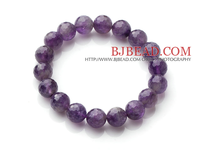 Chic Simple Design Single Strand 10mm Round Natural Faceted Amethyst Beads Elastic Bracelet