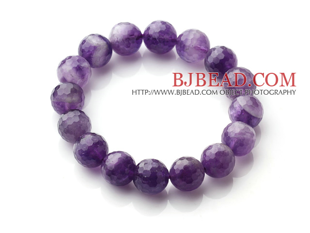 Chic Simple Design Single Strand 12mm Round Natural Faceted Amethyst Beads Elastic Bracelet