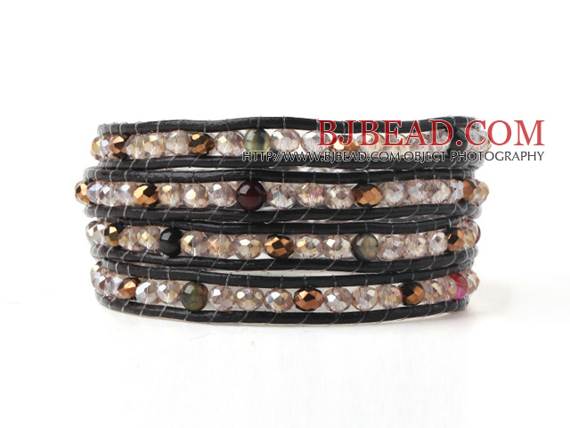 Fashion Multilayer Multi Color Jade-Like Crystal Hand-Knotted Brown Leather Wrap Bracelet