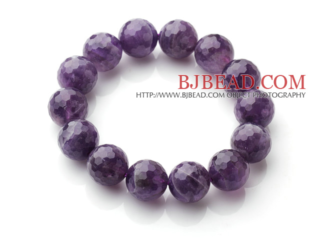 Chic Simple Design Single Strand 14mm Round Natural Faceted Amethyst Beads Elastic Bracelet