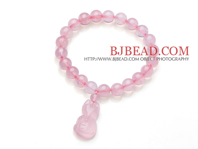 Beautiful Round Rose Quartz Beads Elastic Bracelet With Fox Pendant