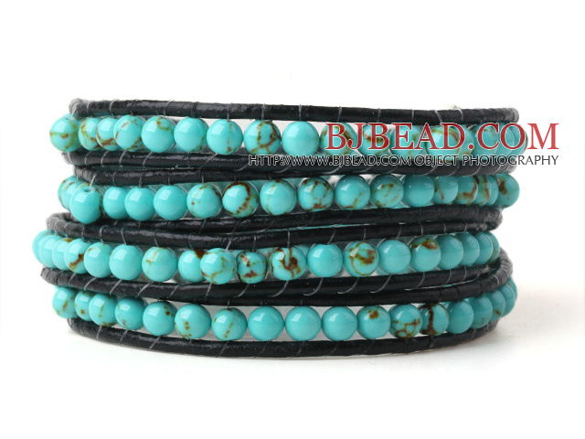 Nice Multilayer 4mm Blue Turquoise Hand Knotted Black Leather Wrap Bracelet