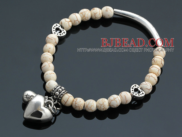 Nice Round White Turquoise And Tibet Silver Tube Heart Lucky Bag Charm Beaded Bracelet
