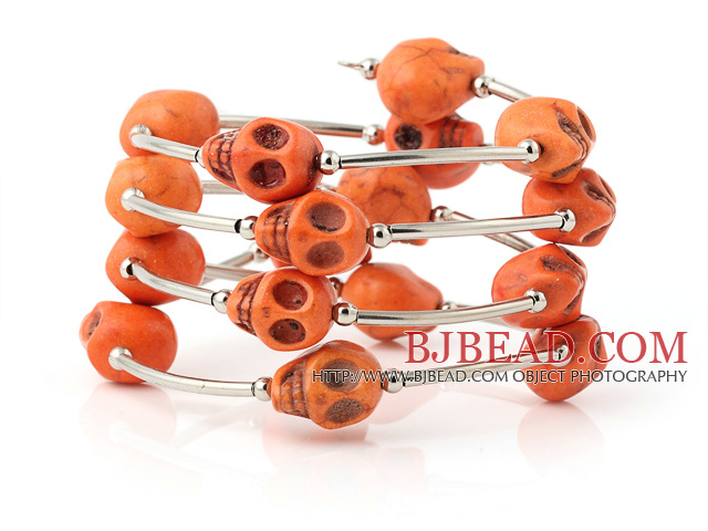Nice Multilayer Orange Skull Turquoise Wired Wrap Bangle Bracelet