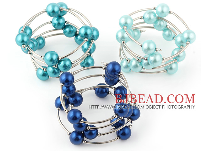 Fashion 3 Pcs 12mm Blue Series Round Seashell Beads Wired Wrap Bangle Bracelet