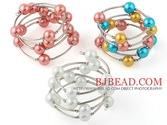 Fashion 3 Pcs 12mm Multi Color Round Seashell Beads Wired Wrap Bangle Bracelet