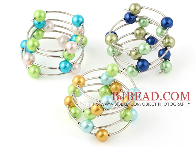 Pretty 3 Pcs 12mm Multi Color Round Seashell Beads Wired Wrap Bangle Bracelet