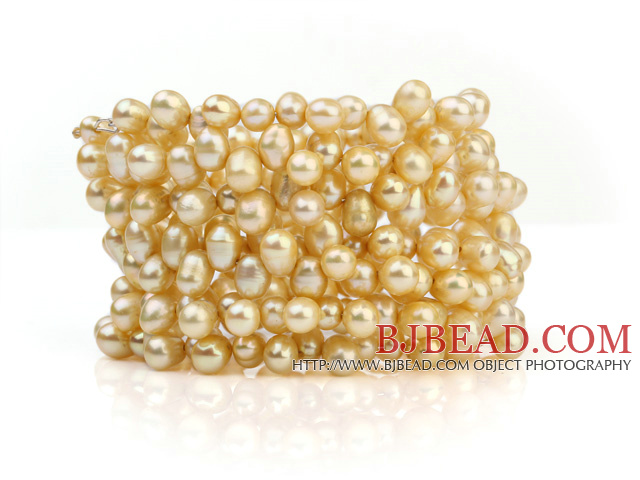 Fashion Multilayer 5-6mm Natural Golden Freshwater Pearl Wired Wrap Beaded Bangle Bracelet