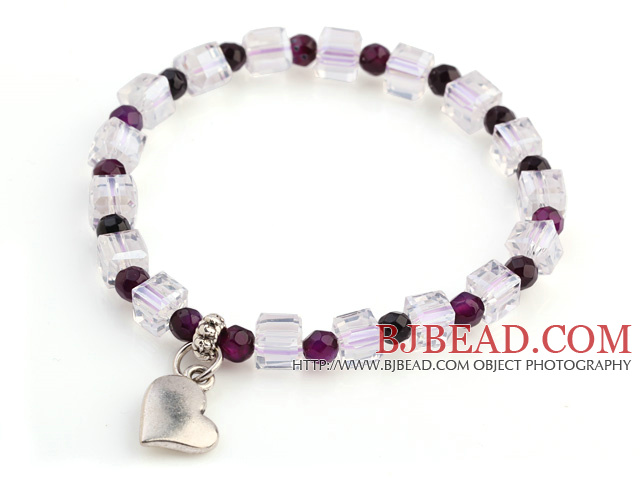 Lovely Faceted Round Purple Agate And White Square Crystal Beads Bracelet With Heart Charm