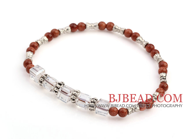Nice Round Goldstone And White Square Crystal Beads Charm Bracelet