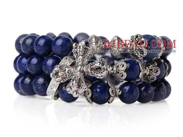 Fashion Style Popular Multi Strands Natural Round Lapis Beads Bracelet With Tibet Silver Cross Accessory