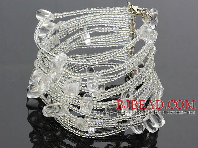 Fashion Multilayer White Crystal And Glass Beads Wired Wrap Bangle Bracelet With Lobster Clasp