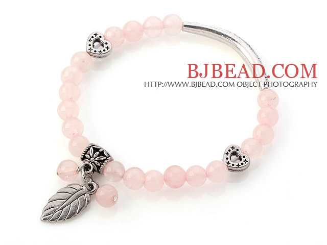 Lovely Round Rose Quartz Beaded Bracelet With Tibet Silver Tube Heart And Leaf Charm Accessories