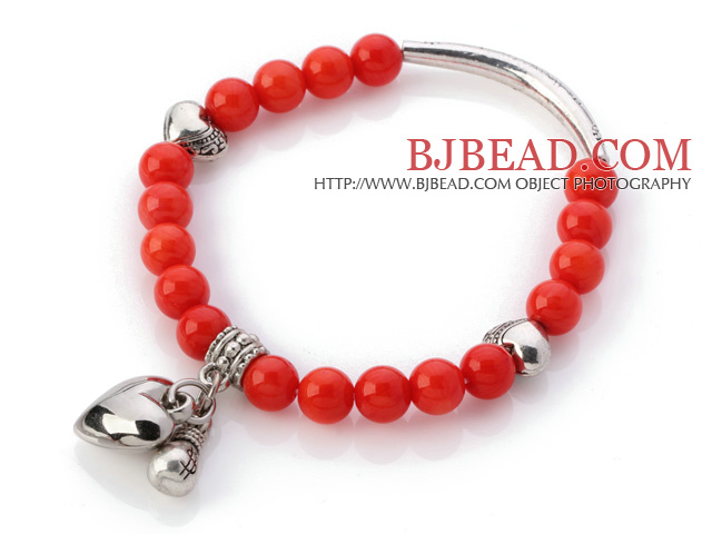 Lovely 7mm Round Red Coral Beaded Bracelet With Tibet Silver Tube Heart And Lucky Bag Charms