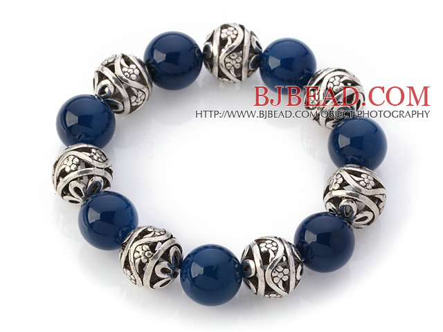 Fantastic 14mm Round Blue Agate And Hollow Tibet Silver Ball Elastic Beaded Bracelet