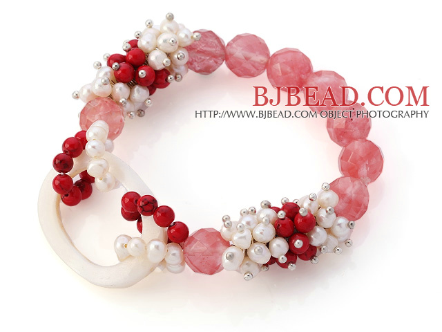 New Design Cluster White Freshwater Pearl And Round Bloodstone And Facted Round Cherry Quartz Hollow White Shell Connected Stretch Bracelet