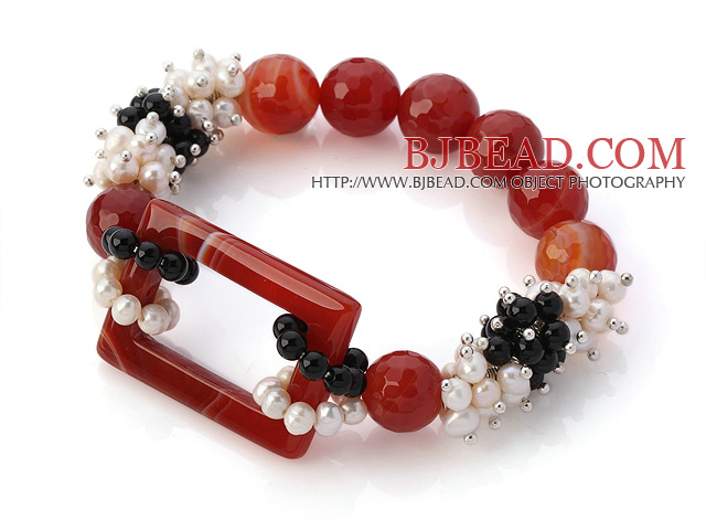 New Design Cluster White Pearl Faceted Round Black Red And Hollow Rectangle Agate Link Connection Elastic Bracelet