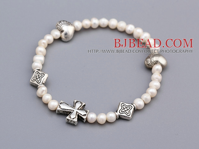 Lovely Soft 4-5mm White Freshwater Pearl Beaded Bracelet With Tibet Silver Heart Cross Charms