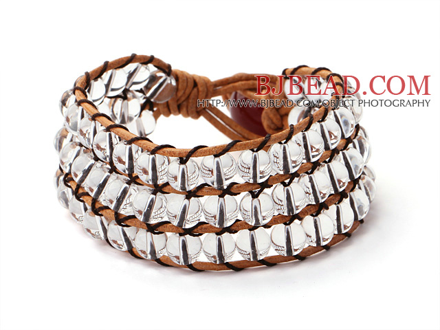 Pretty Hand-Knotted Multilayer Round Clear Crystal Brown Leather Wrap Bracelet With Red Agate Clasp
